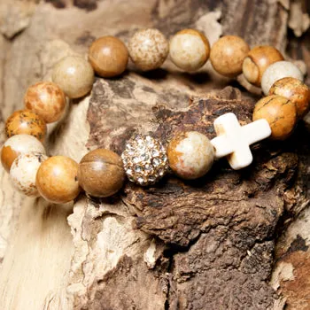 MOON GIRL Stretchy 10MM Natural Stones Pave Ball Cross Elastic Bracelet Beaded Boho Chic Yoga Bracelets Femme Jewelry Dropship