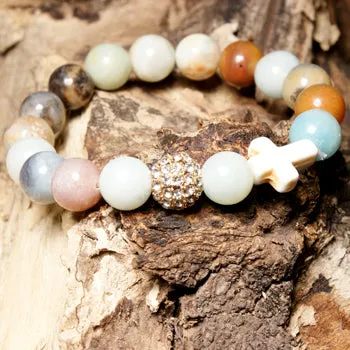 MOON GIRL Stretchy 10MM Natural Stones Pave Ball Cross Elastic Bracelet Beaded Boho Chic Yoga Bracelets Femme Jewelry Dropship