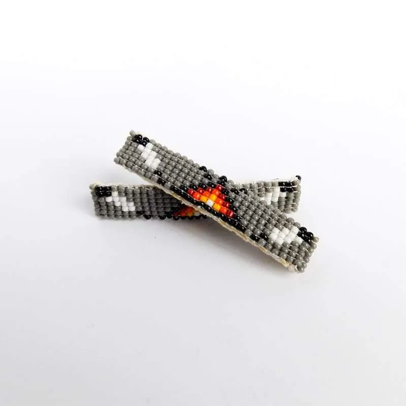 Navajo Beaded Hair Clip Set in Grey with Teepees