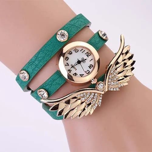 New women vintage leather strap watches,set auger angel wings rivet bracelet women dress watch wristwatch