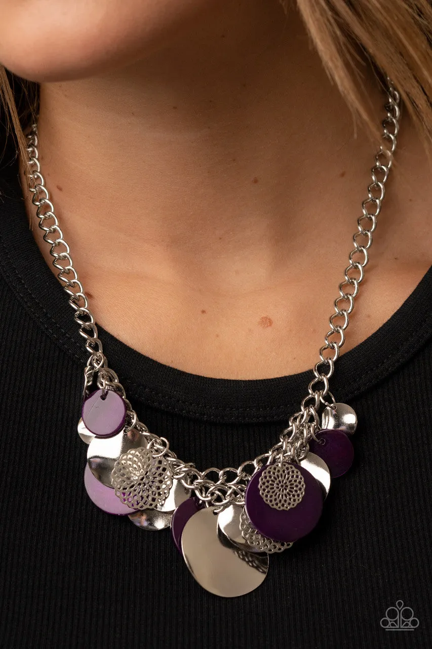 Oceanic Opera - Purple - Silver and Seashell Disc Paparazzi Short Necklace