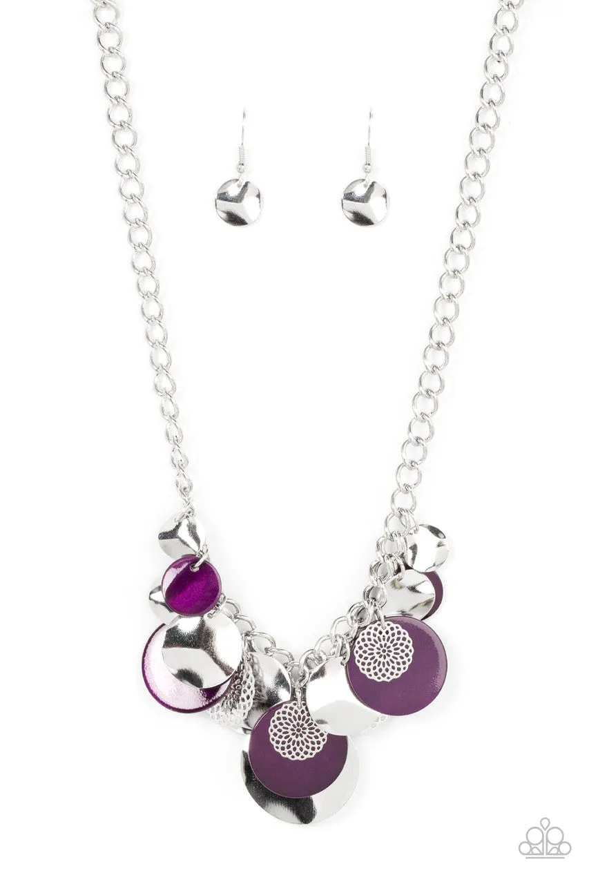 Oceanic Opera - Purple - Silver and Seashell Disc Paparazzi Short Necklace
