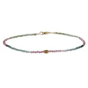 Ombre Pink, Green & Blue Tormaline Faceted Beaded Bracelet with 18K Carved Sphere Bead