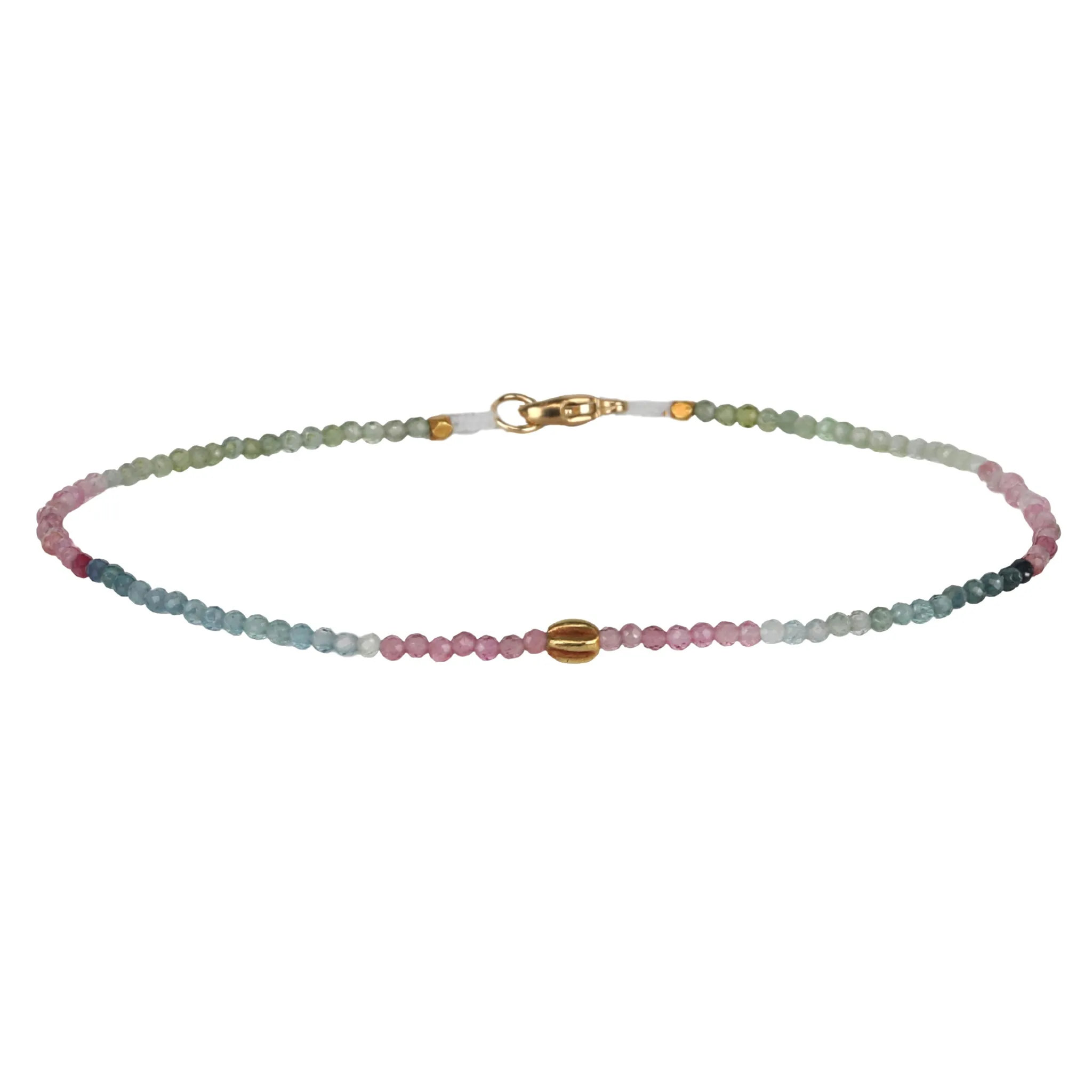Ombre Pink, Green & Blue Tormaline Faceted Beaded Bracelet with 18K Carved Sphere Bead