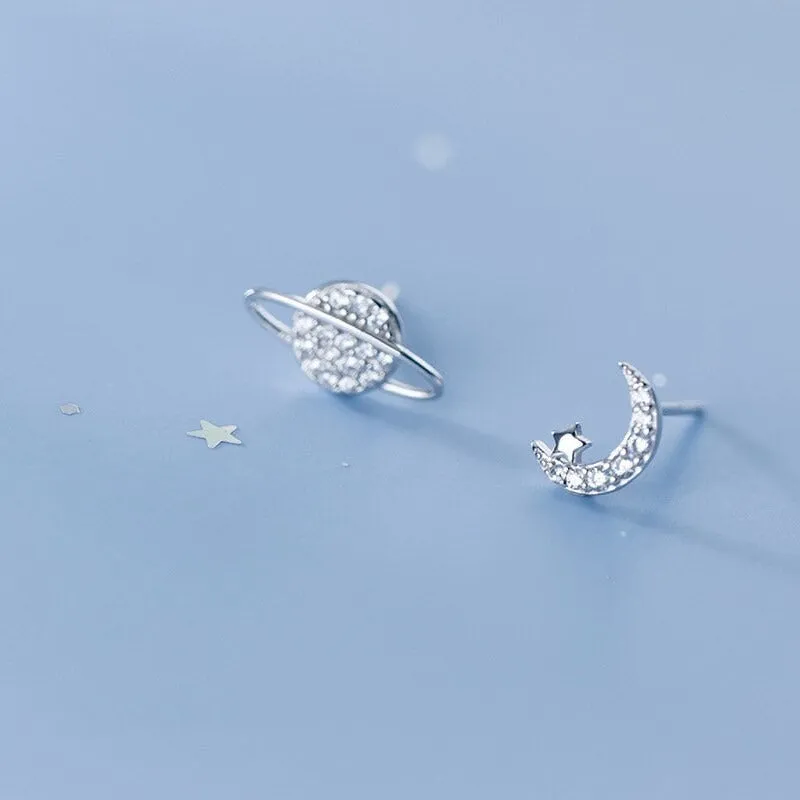Planet Star Stud Earrings-Moon Crescent-Asymmetry Studs-SS041