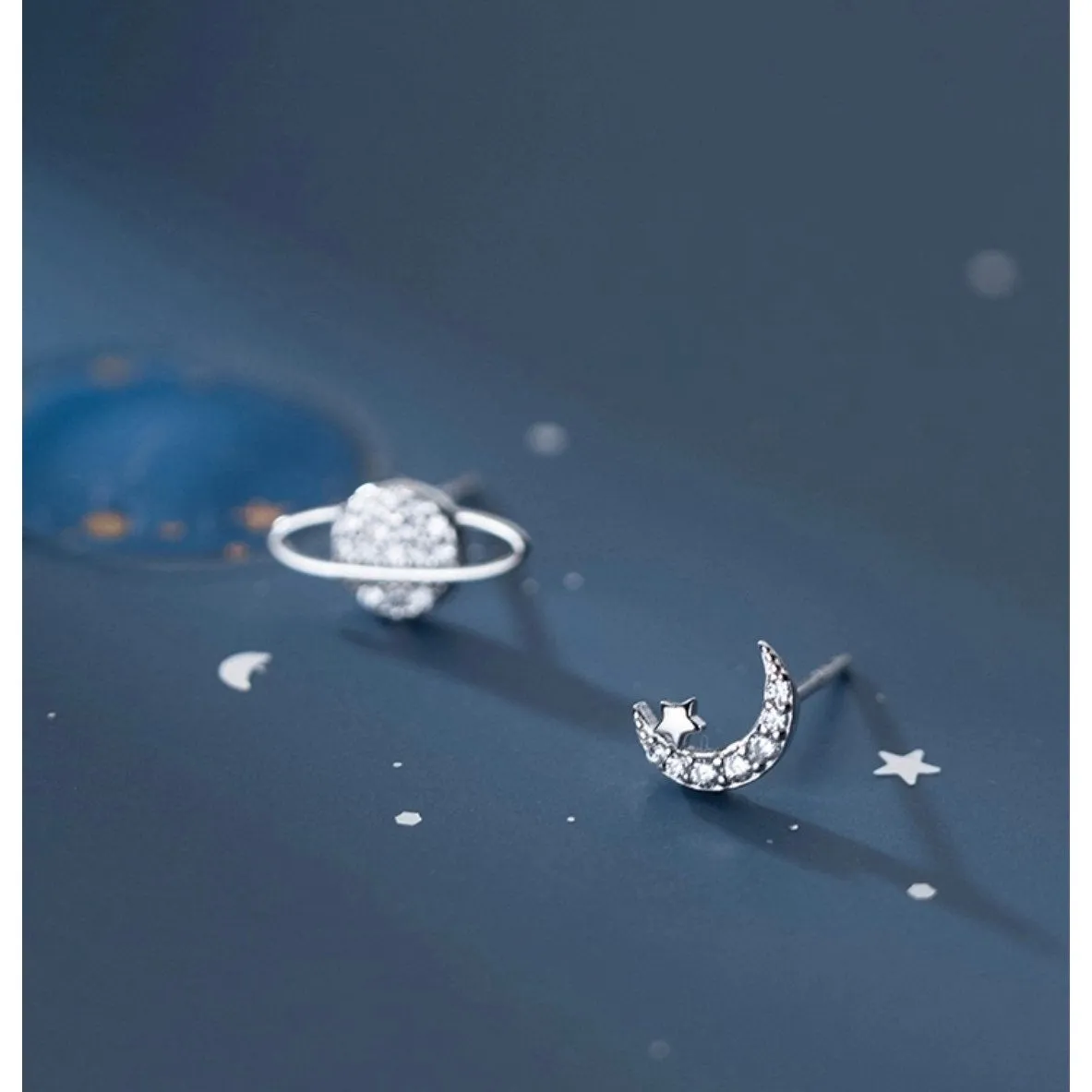 Planet Star Stud Earrings-Moon Crescent-Asymmetry Studs-SS041