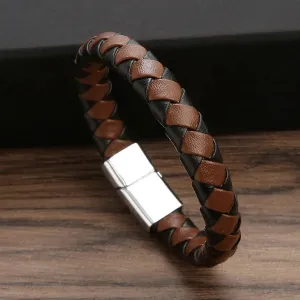 Punk Men Leather Braided Bracelet Hand-Woven Classic Stainless Steel Magnetic Clasp Leather Bangle