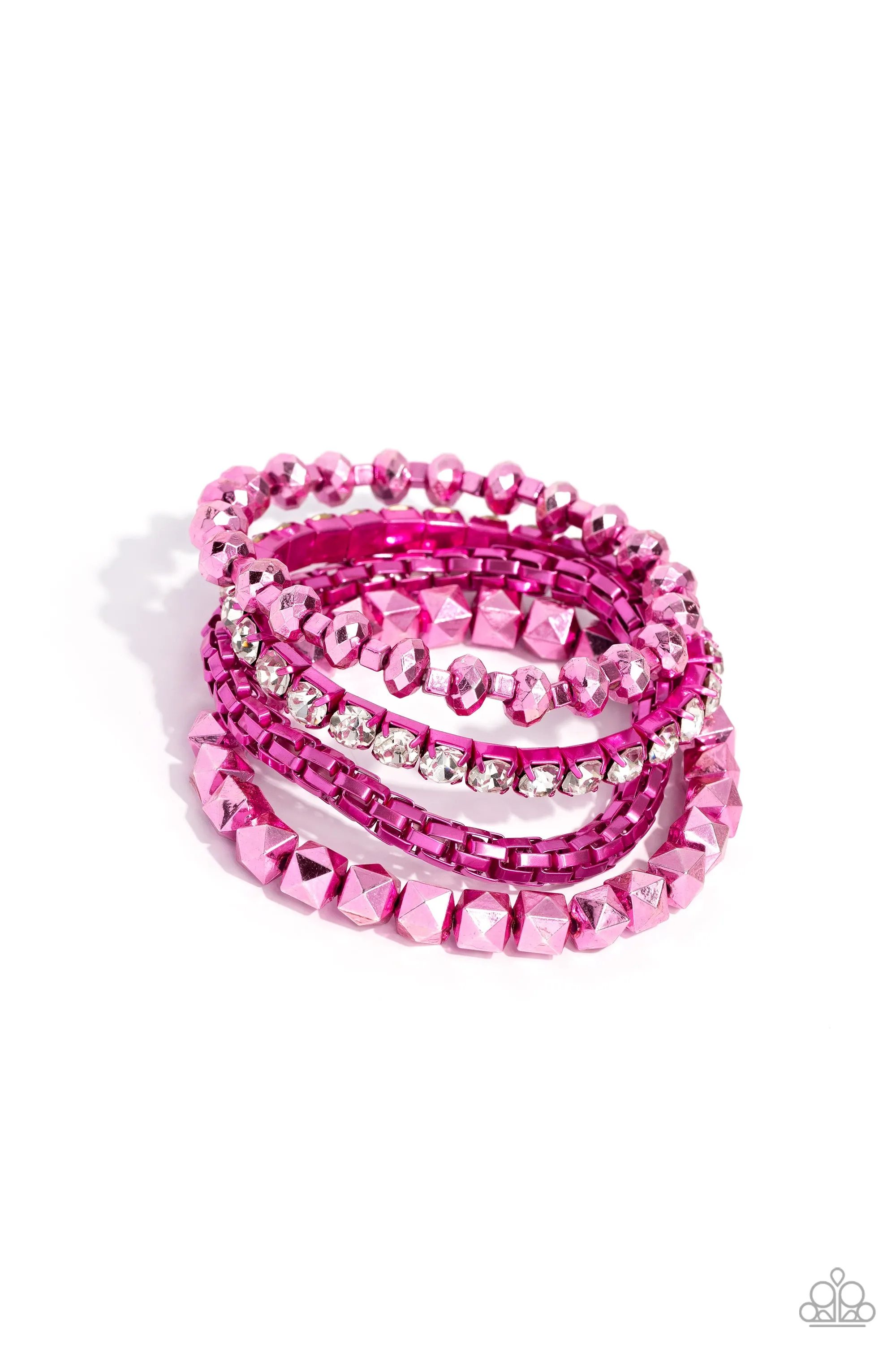 Punk Pattern - Pink - White Rhinestone Metallic Paparazzi Stretchy Bracelet