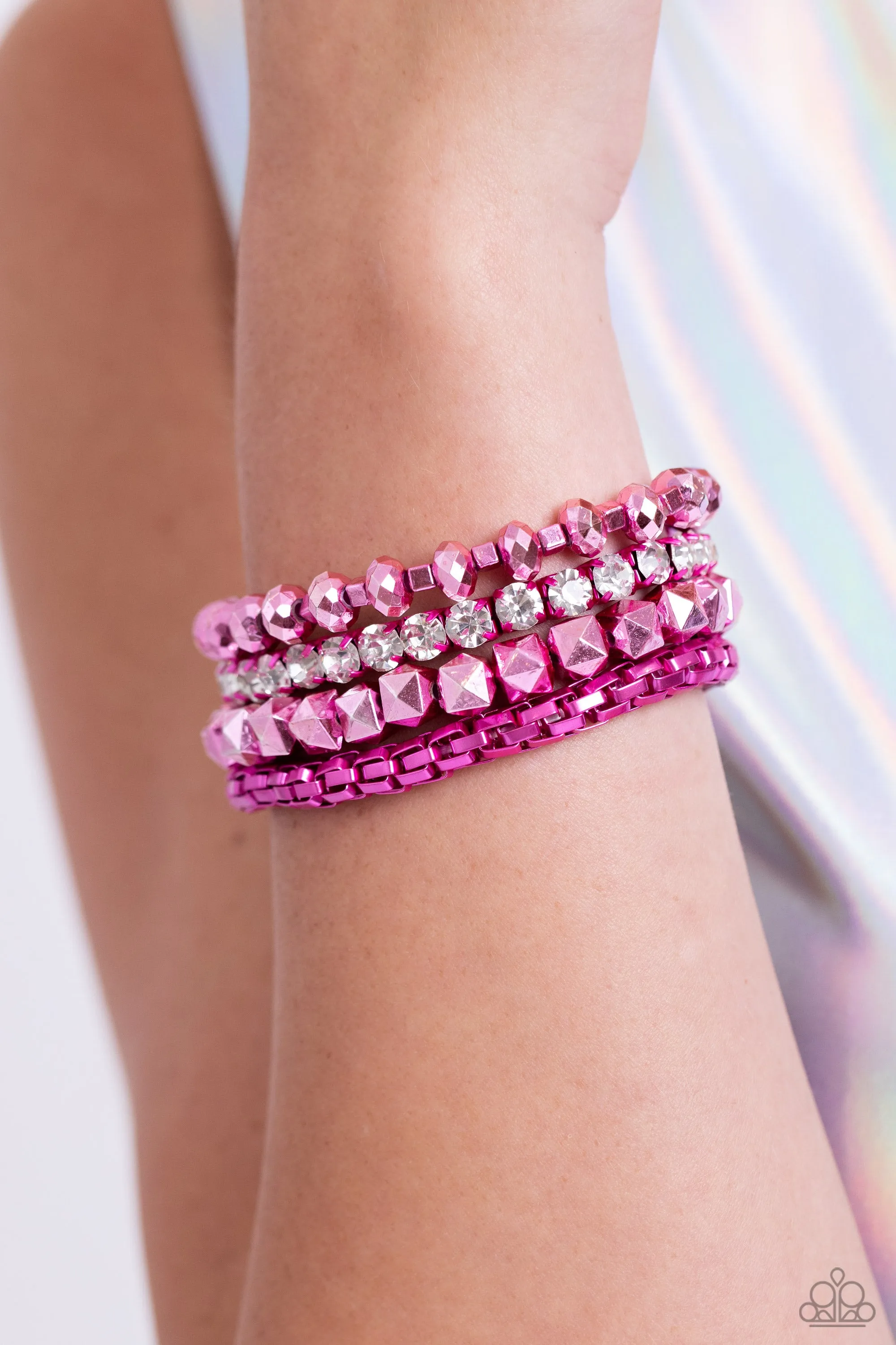 Punk Pattern - Pink - White Rhinestone Metallic Paparazzi Stretchy Bracelet