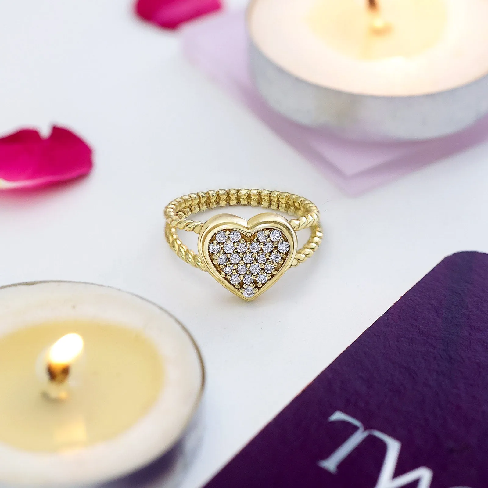 Pure Silver Ring - Heart Swirled in CZ stones