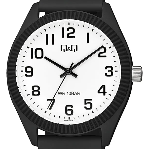 Q&Q Black Silicone Strap White Dial Quartz Watch for Gents - V12A-010VY
