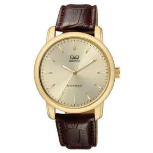 Q&Q Brown Leather Strap Gold Dial Quartz Watch for Gents - Q868J100