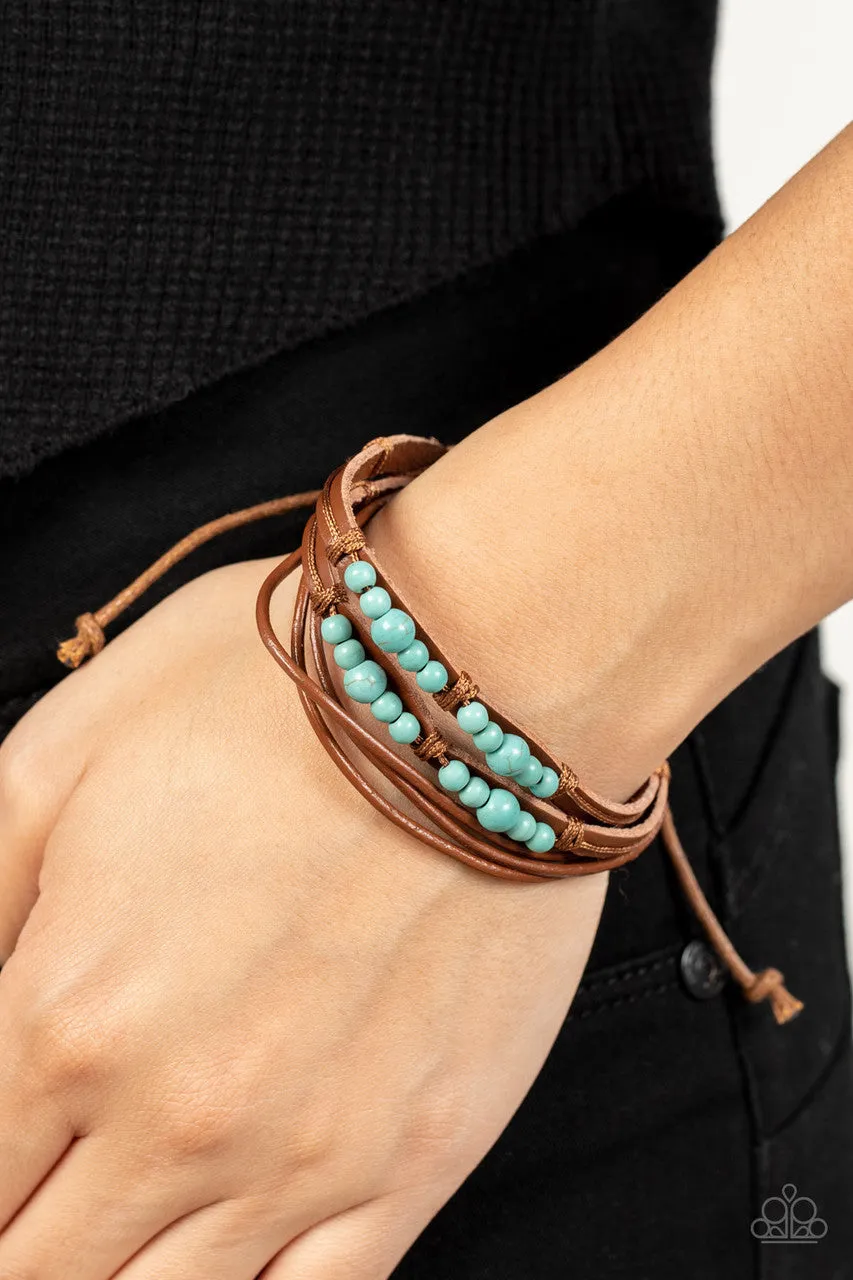 Quaintly Quarry - Blue - Turquoise Bead Brown Leather Paparazzi Pull-Cord Bracelet
