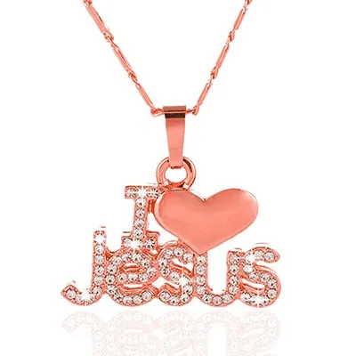 Religious I Love Jesus pendant  gold/rose necklace for women