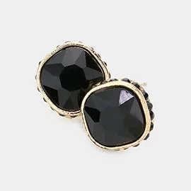 Rhinestone Trimmed Black Square Stone Stud Earrings | Interview Earrings | 606378