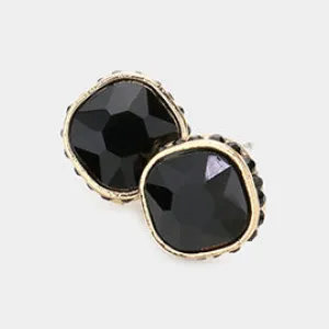 Rhinestone Trimmed Black Square Stone Stud Earrings | Interview Earrings | 606378