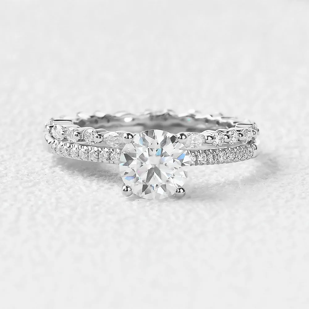 Round Cut 4 Prongs Moissanite Engagement Ring Set 2pcs