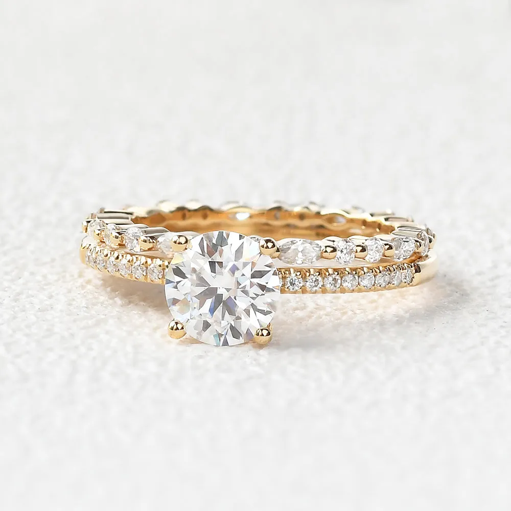 Round Cut 4 Prongs Moissanite Engagement Ring Set 2pcs