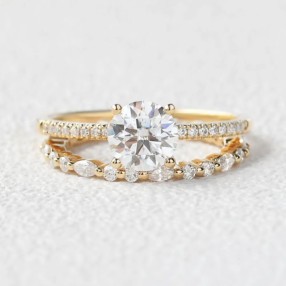 Round Cut 4 Prongs Moissanite Engagement Ring Set 2pcs