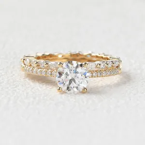 Round Cut 4 Prongs Moissanite Engagement Ring Set 2pcs