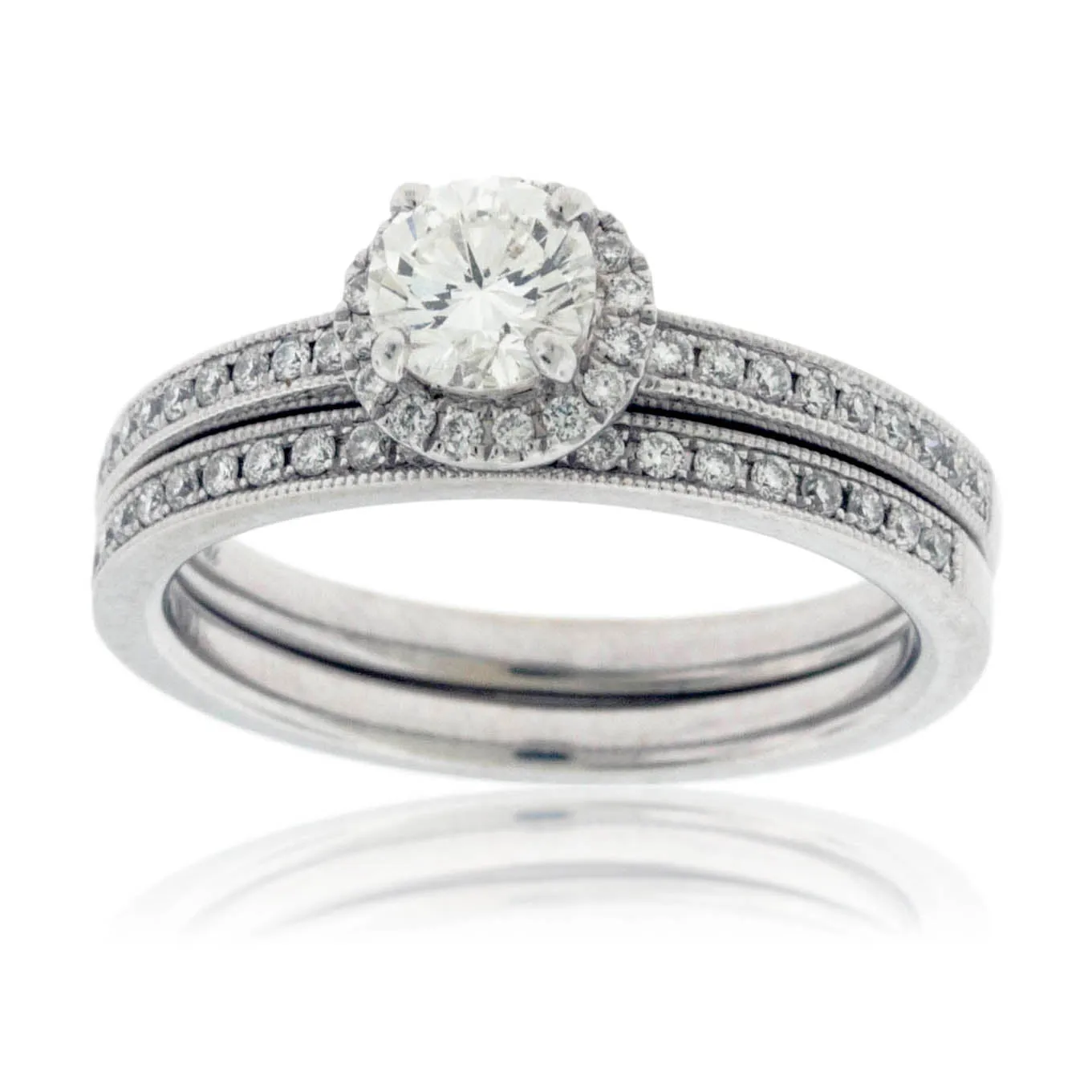 Round Diamond Milgrain Lined Engagement Ring Set