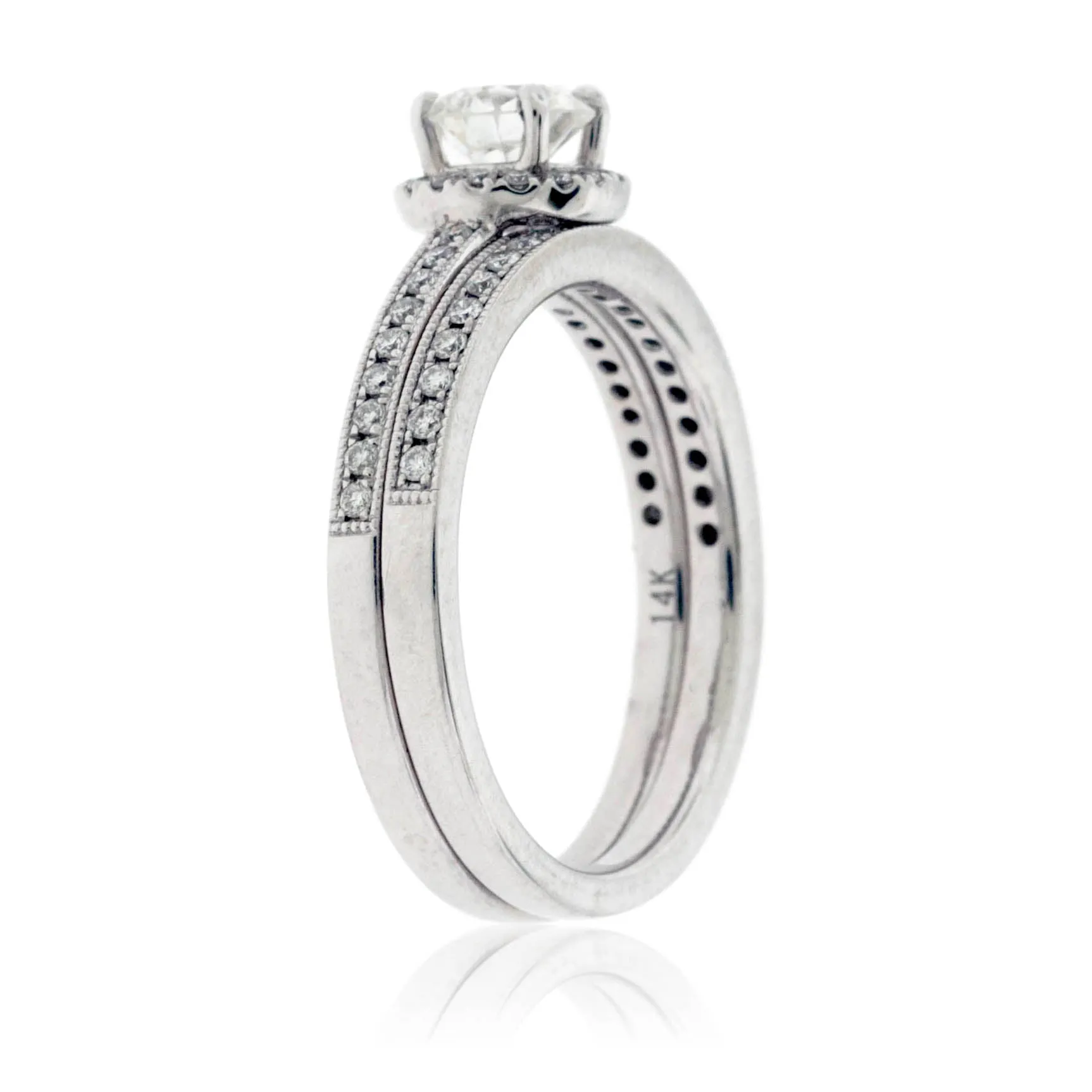 Round Diamond Milgrain Lined Engagement Ring Set