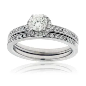 Round Diamond Milgrain Lined Engagement Ring Set