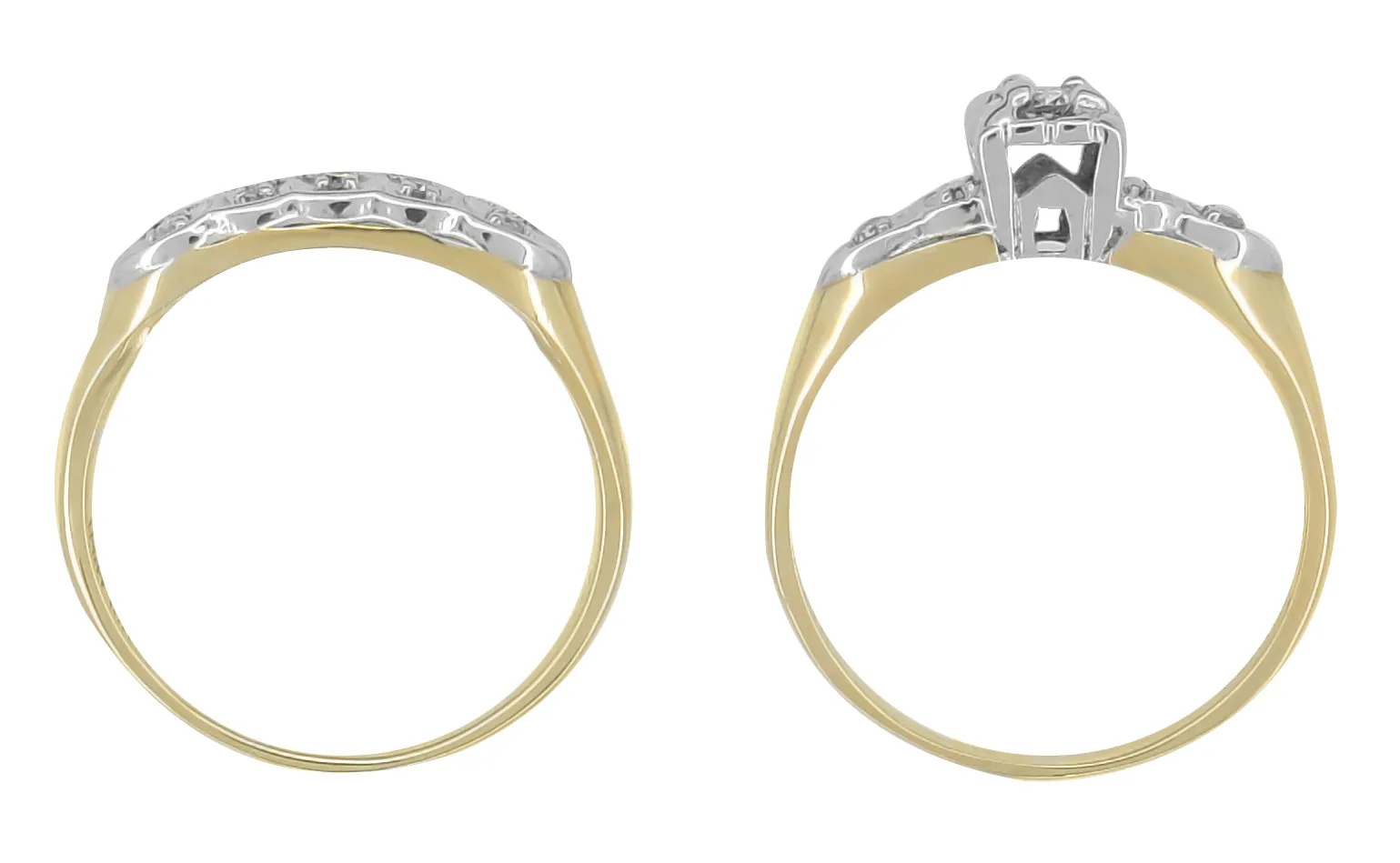 Sedgwick 1940's Two-Tone Vintage Diamond Engagement Ring and Wedding Band Set in 14K Yellow and White Gold