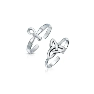 Set of 2 Egyptian Ankh Cross and Celtic Trinity Knot Midi Toe Ring Silver