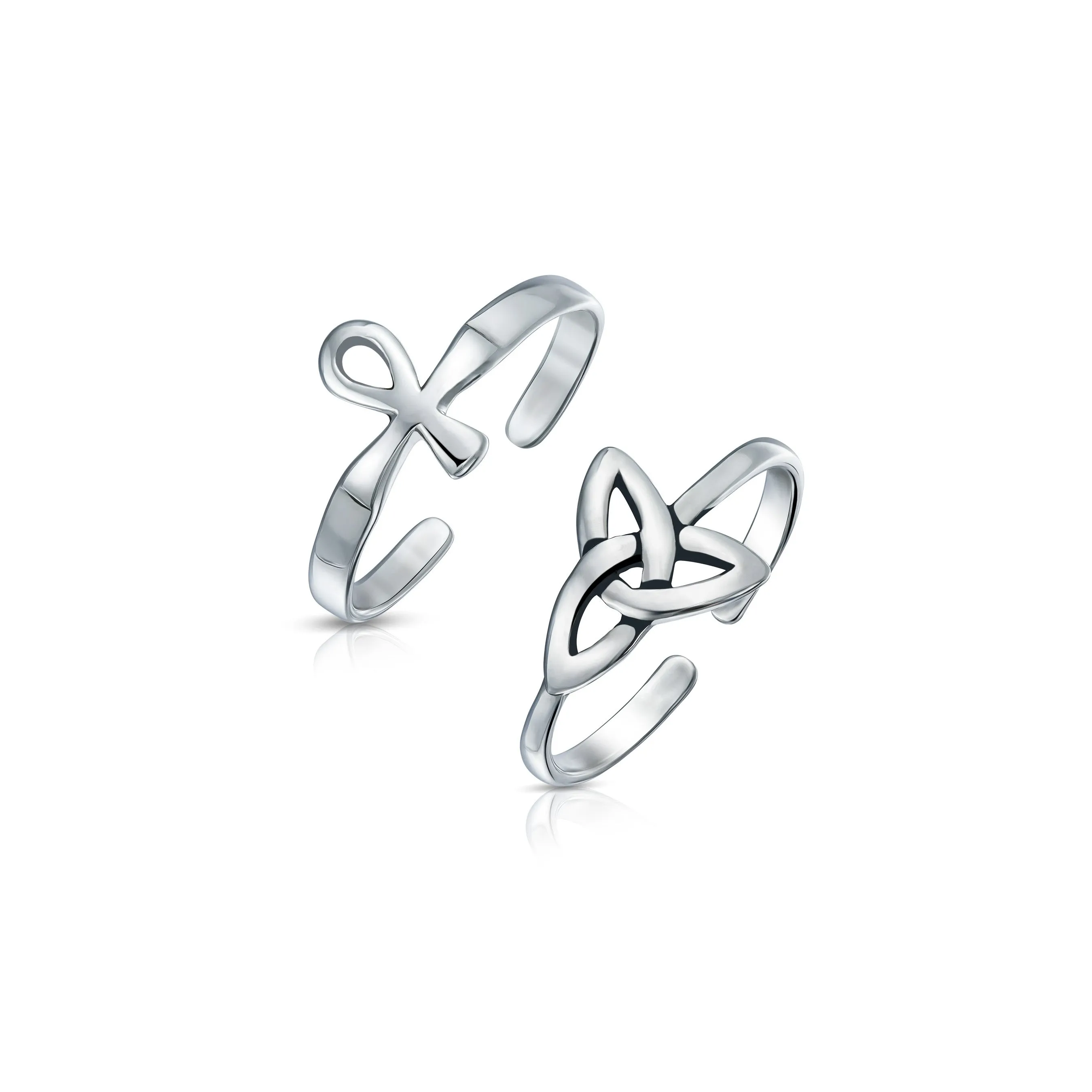 Set of 2 Egyptian Ankh Cross and Celtic Trinity Knot Midi Toe Ring Silver