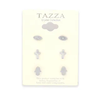SET OF 3 SILVER CROSS AND EVIL EYES 9MM MINI STUD EARRING #SWKK-6672RH (AF16)