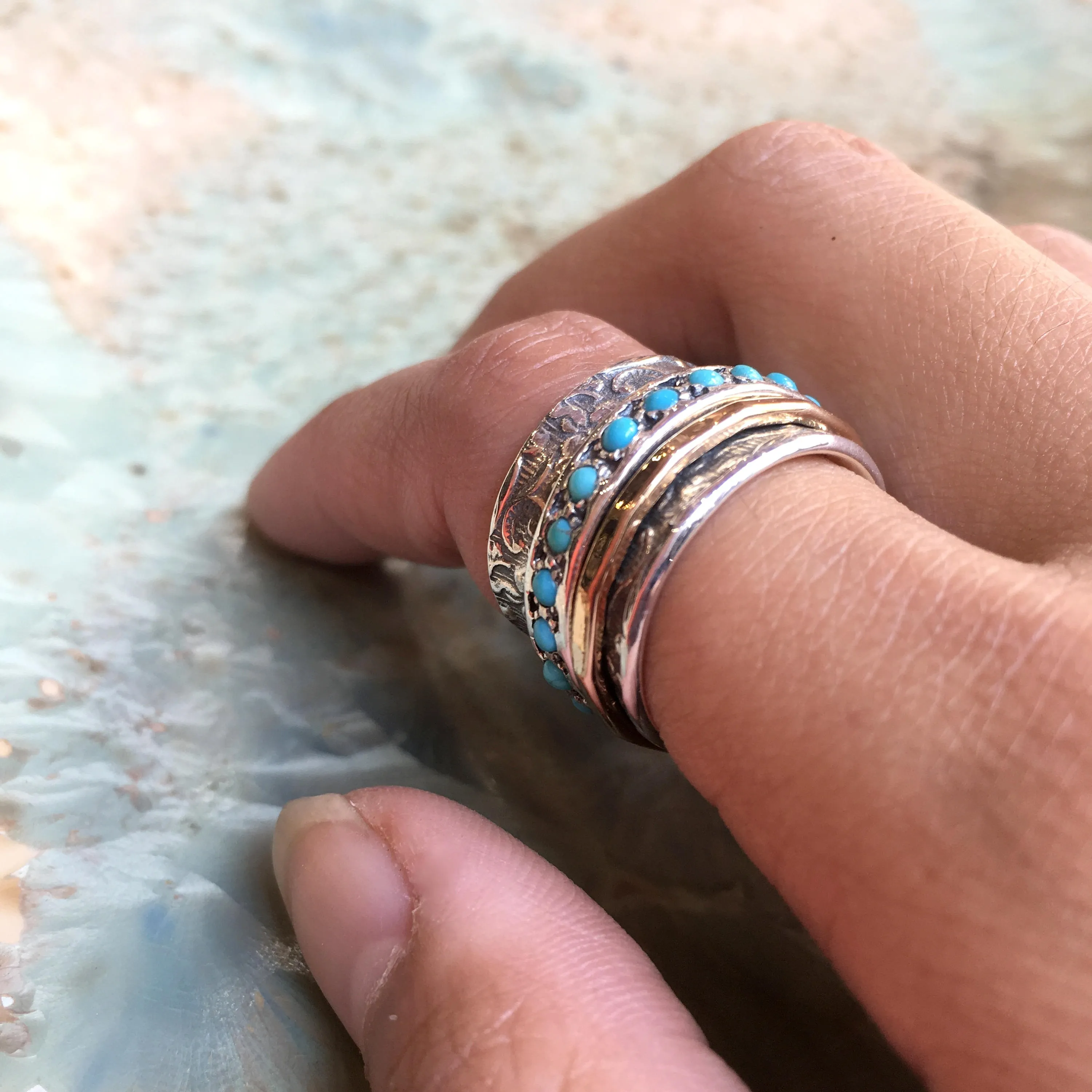 Silver and Gold Filled Spinner with Blue Turquoise Ring - Edge of the World.