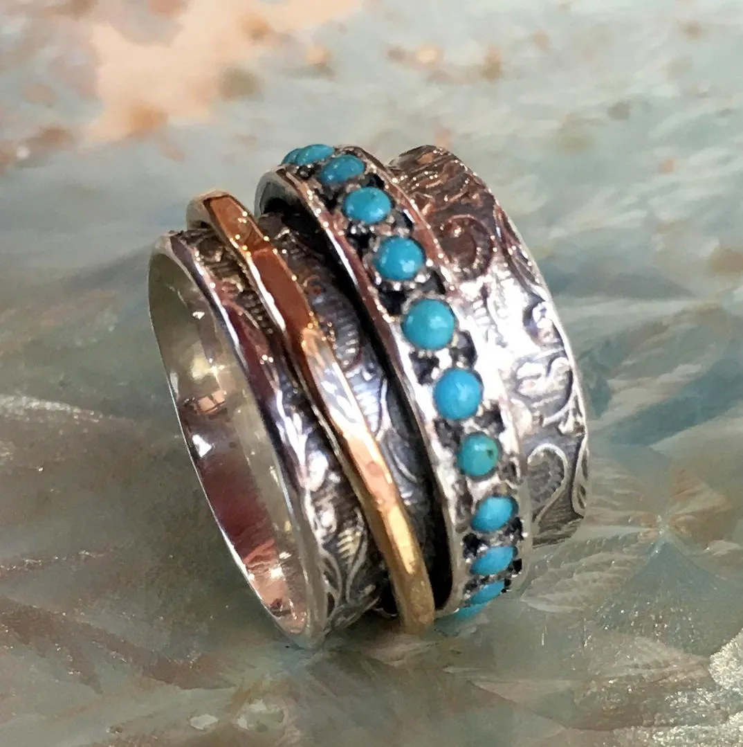 Silver and Gold Filled Spinner with Blue Turquoise Ring - Edge of the World.