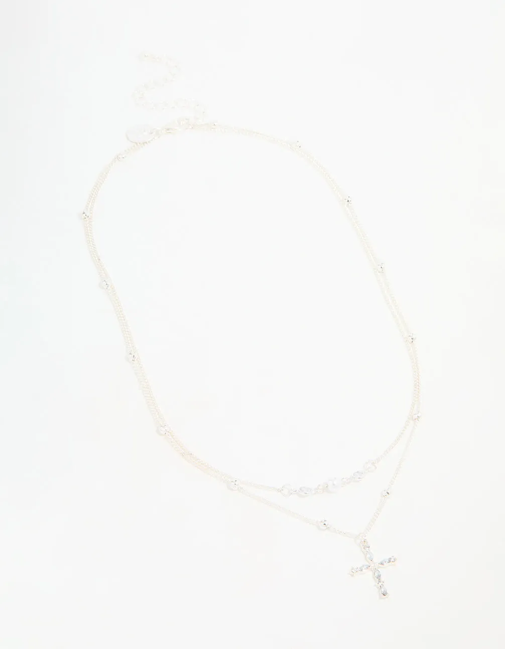 Silver Beaded Diamante Cross Layered Necklace