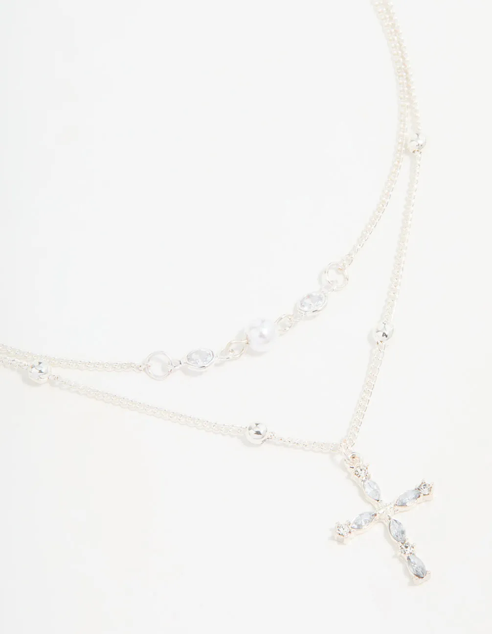 Silver Beaded Diamante Cross Layered Necklace