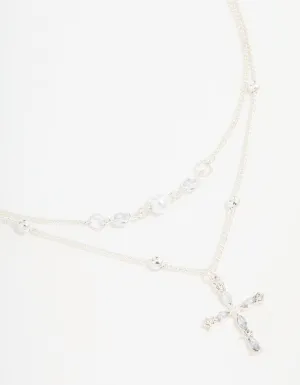 Silver Beaded Diamante Cross Layered Necklace