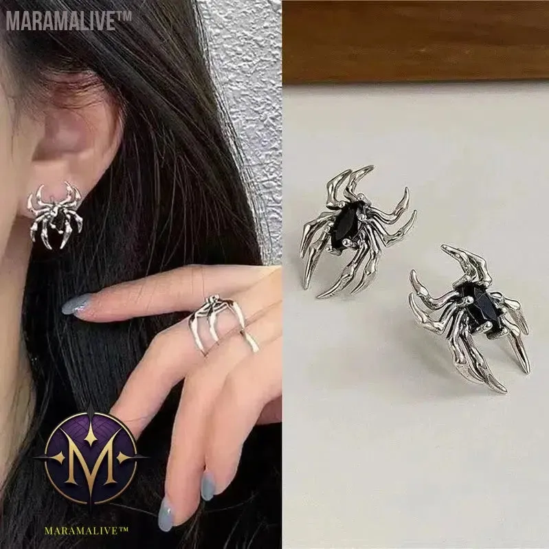 Silver Color Spider Stud Earrings for Women Unique Design Punk Personality Female Small Earrings Black Enamel Fashion Jewelry