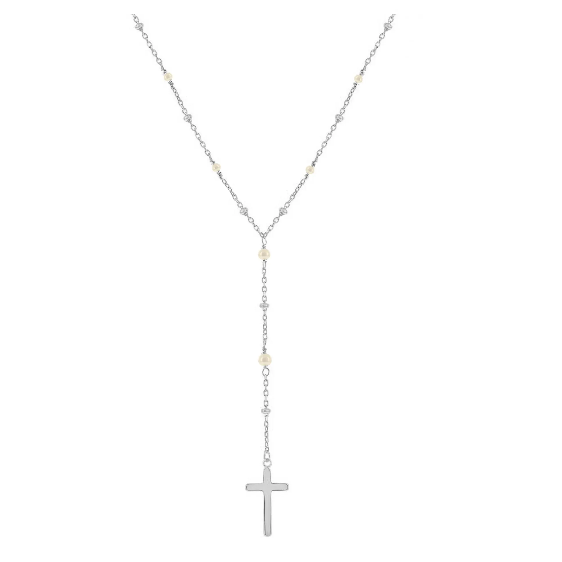 Silver Cross and Pearl Bead Rosary Necklace