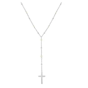 Silver Cross and Pearl Bead Rosary Necklace