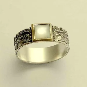 Silver gold ring, shell ring, filigree ring, mixed metals band, two tone band, botanical ring, leaves ring, silver band - White spirit R1631