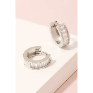 Silver Small Baguette Studded Hoop Earrings