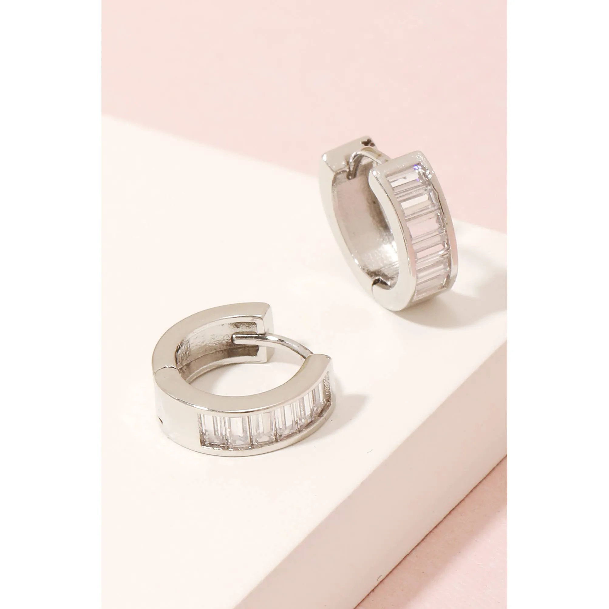 Silver Small Baguette Studded Hoop Earrings