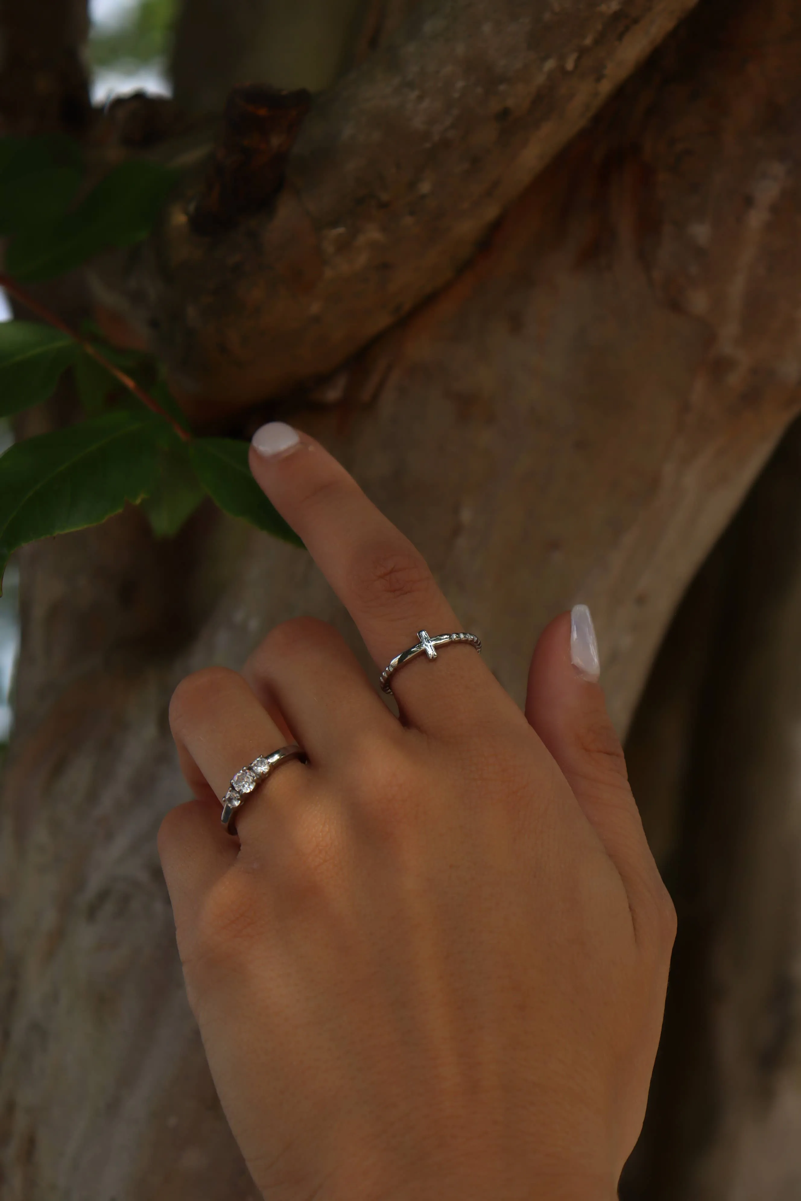 Silver Stainless Steel Beaded Stackable Cross Ring