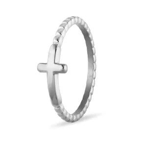 Silver Stainless Steel Beaded Stackable Cross Ring