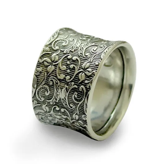 Silver wedding band, filigree band, UNoxidized band, botanical band, wide band, unisex band, wedding band - Our life together R1209S