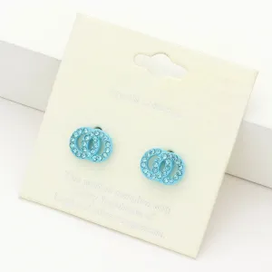 Small Aqua Rhinestone Double Open Circle Link Stud Pageant Earrings | Earrings for Little Girls  |  220200
