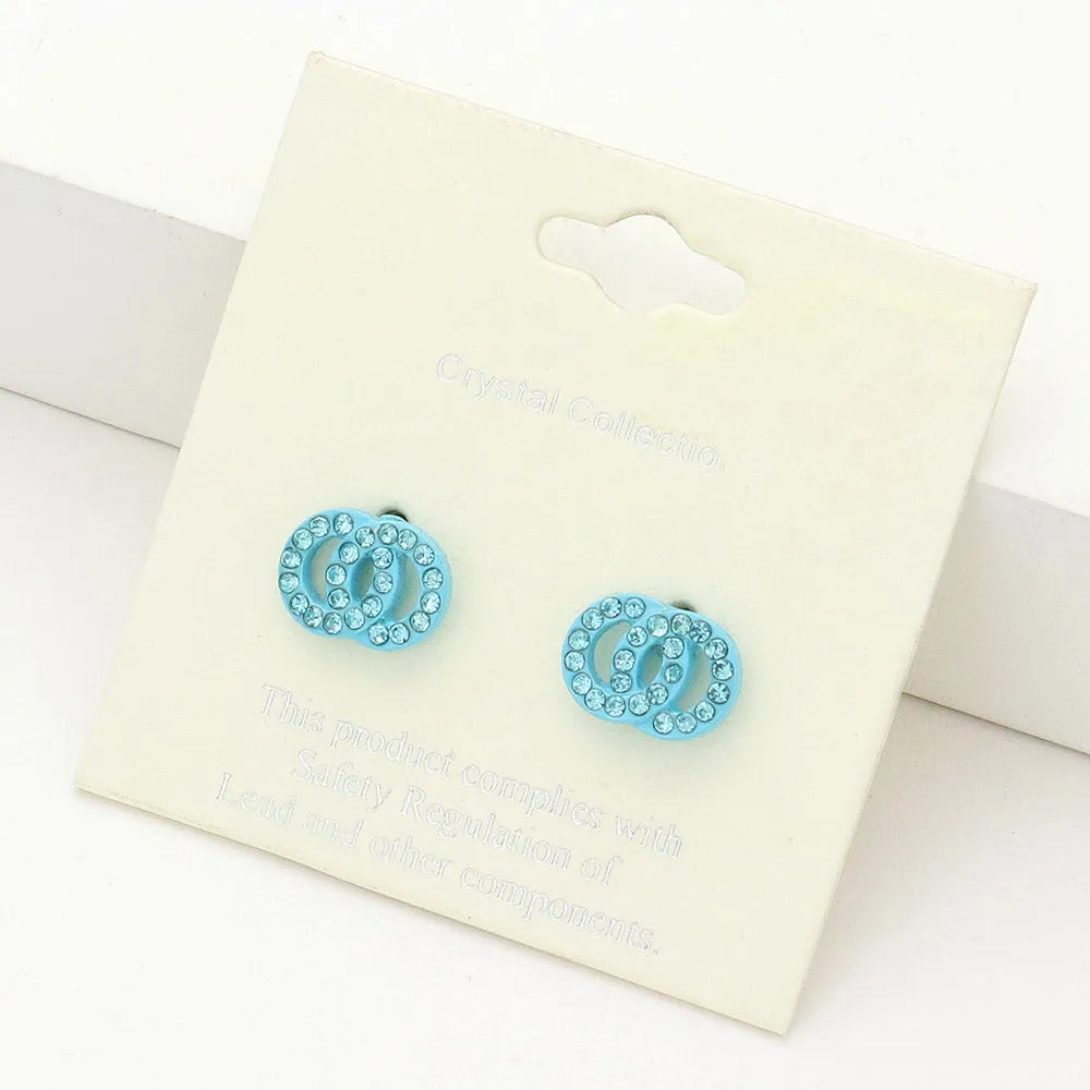 Small Aqua Rhinestone Double Open Circle Link Stud Pageant Earrings | Earrings for Little Girls  |  220200