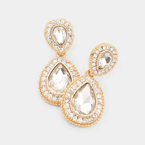 Small Clear Teardrop Crystal Rhinestone Earrings on Gold | 463942