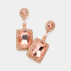 Small Peach Square Stone and Rhinestone Edged Dangle Pageant Earrings on Rose Gold | Interview Earrings |  622236