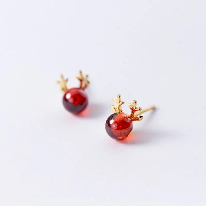 Small Ruby Red Nose Reindeer Studs Earrings- Reindeer Stud-EOS006